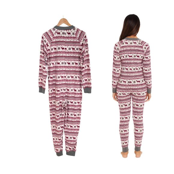 P.J. Salvage Pajamas Women Medium Onesie Moose Red White Gray Fleece One Piece - Picture 2 of 15